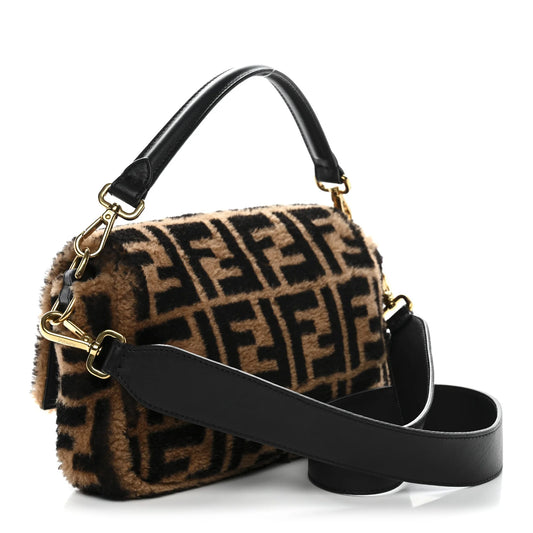 Fendi Shearling Vitello Dolce Macro FF 1974 Baguette Tobacco