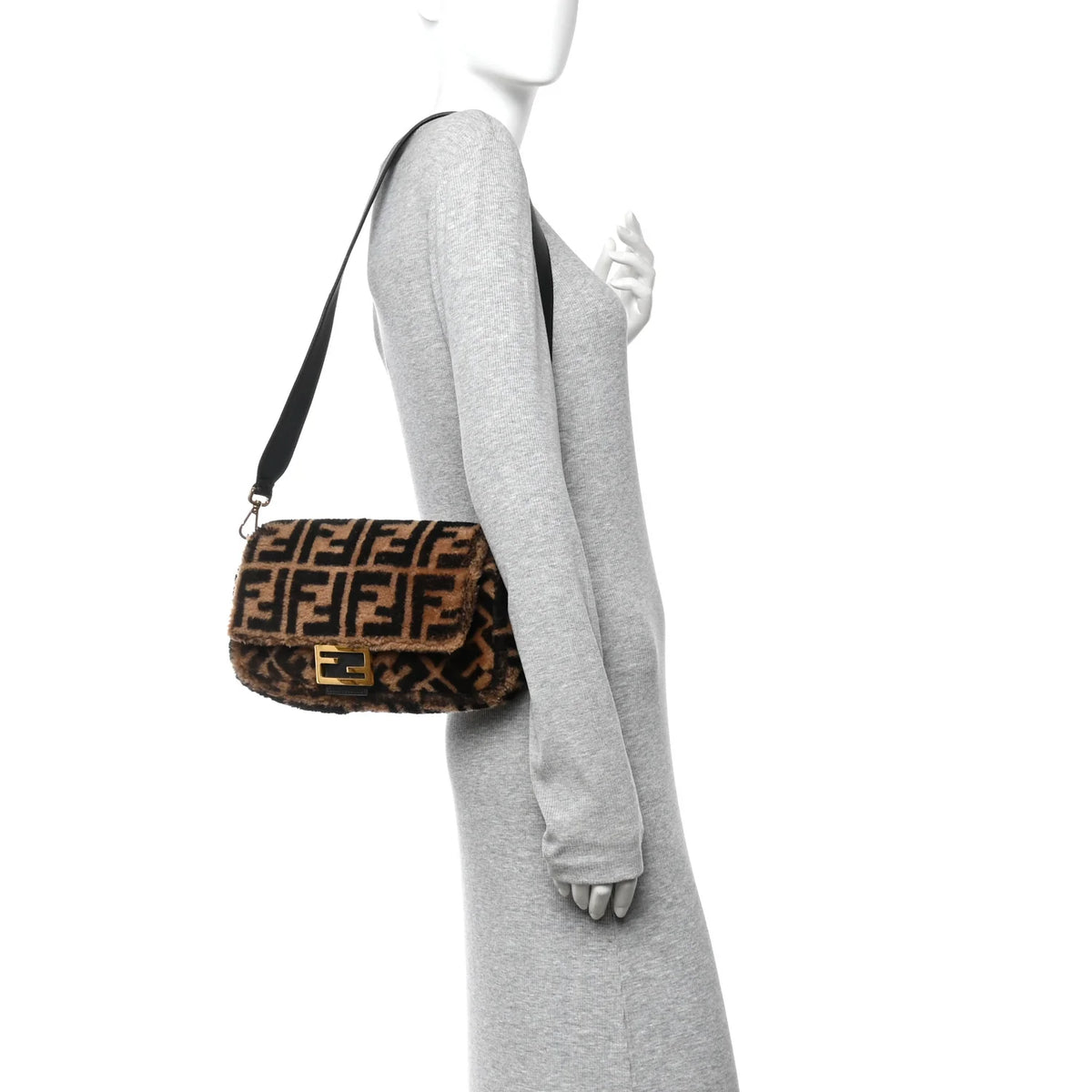Fendi Shearling Vitello Dolce Macro FF 1974 Baguette Tobacco