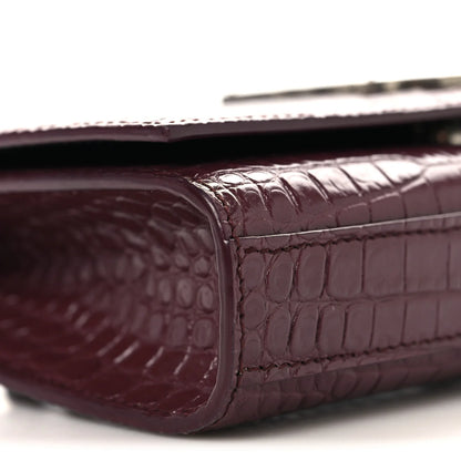 Saint Laurent Calfskin Crocodile Embossed Monogram Kate Belt Bag Burgundy
