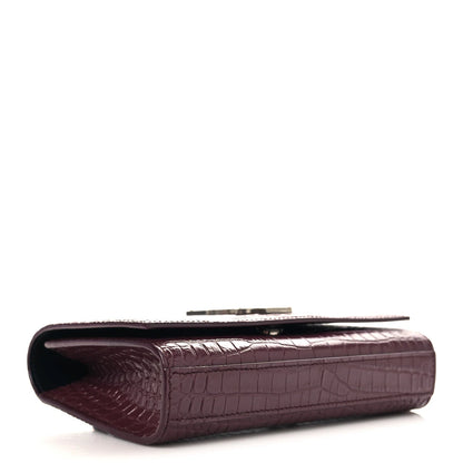 Saint Laurent Calfskin Crocodile Embossed Monogram Kate Belt Bag Burgundy