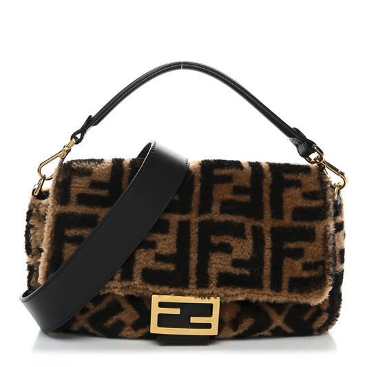 Fendi Shearling Vitello Dolce Macro FF 1974 Baguette Tobacco