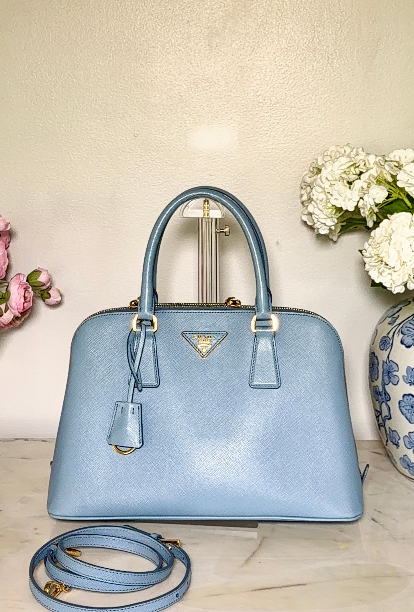 Prada Promenade Leather 2 Way Handbag Blue