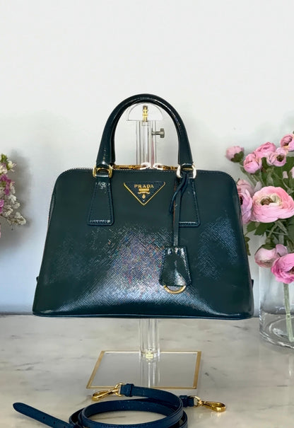 Prada Small Galleria Double Zip Satchel — Forest Green & Blue Bicolo