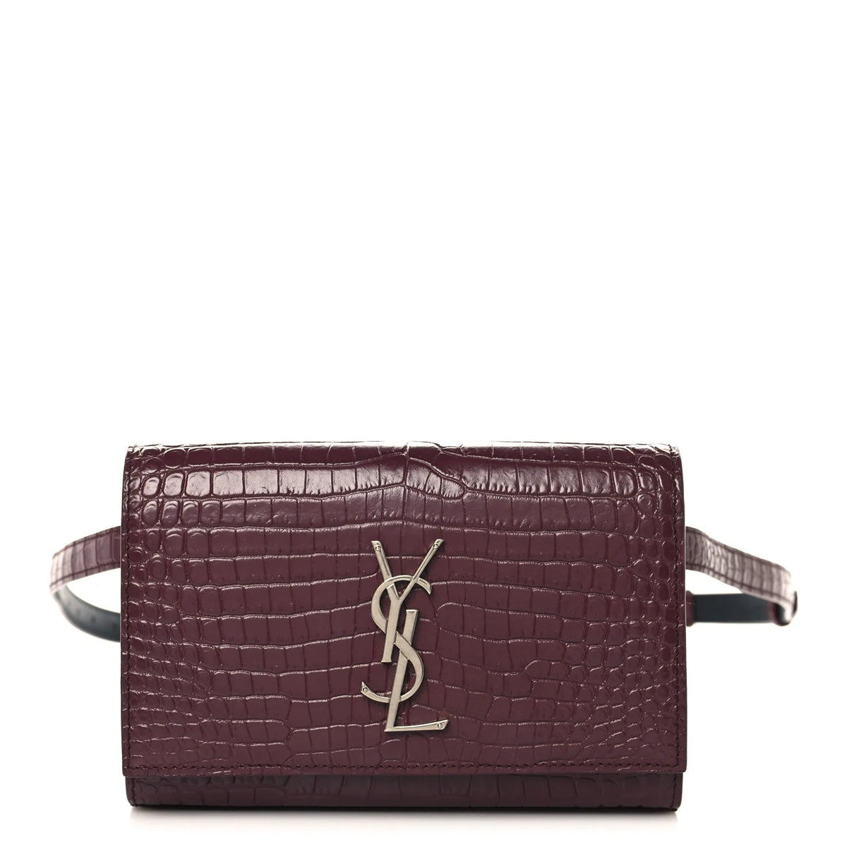 Saint Laurent Calfskin Crocodile Embossed Monogram Kate Belt Bag Burgundy