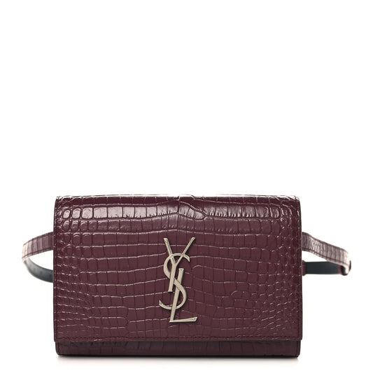 Saint Laurent Calfskin Crocodile Embossed Monogram Kate Belt Bag Burgundy