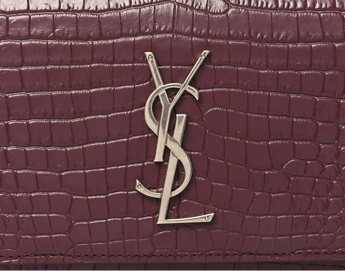 Saint Laurent Calfskin Crocodile Embossed Monogram Kate Belt Bag Burgundy