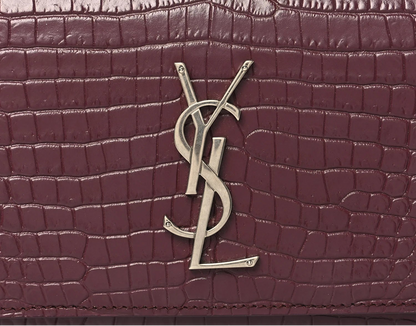 Saint Laurent Calfskin Crocodile Embossed Monogram Kate Belt Bag Burgundy